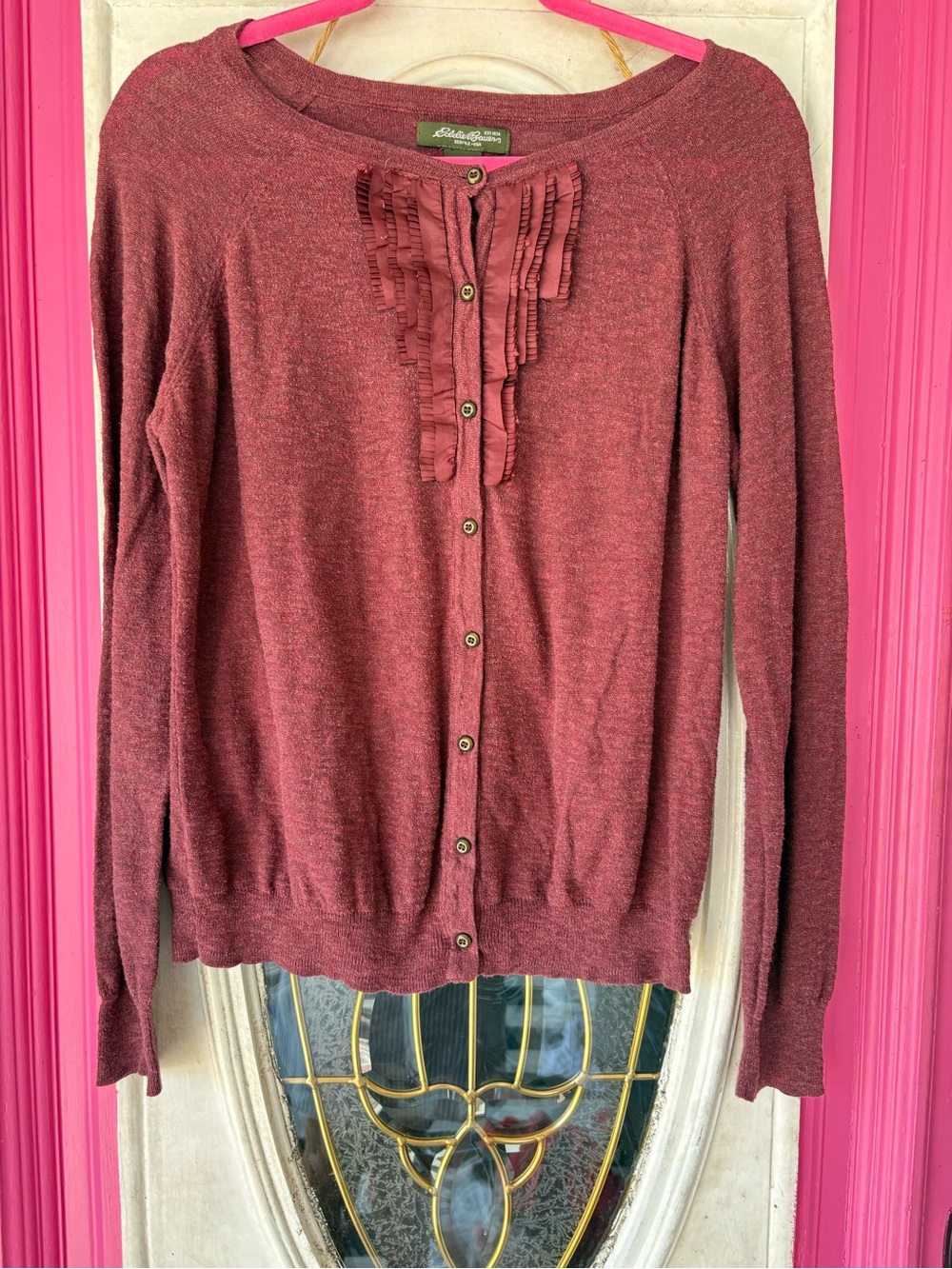 Eddie Bauer Ruffle-Front Cardigan in Raspberry Mix